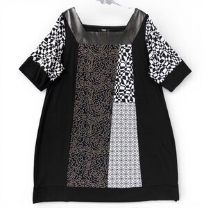 Alfani Woman 1X Black Patchwork Banded Dress Faux Leather Trim Geometric